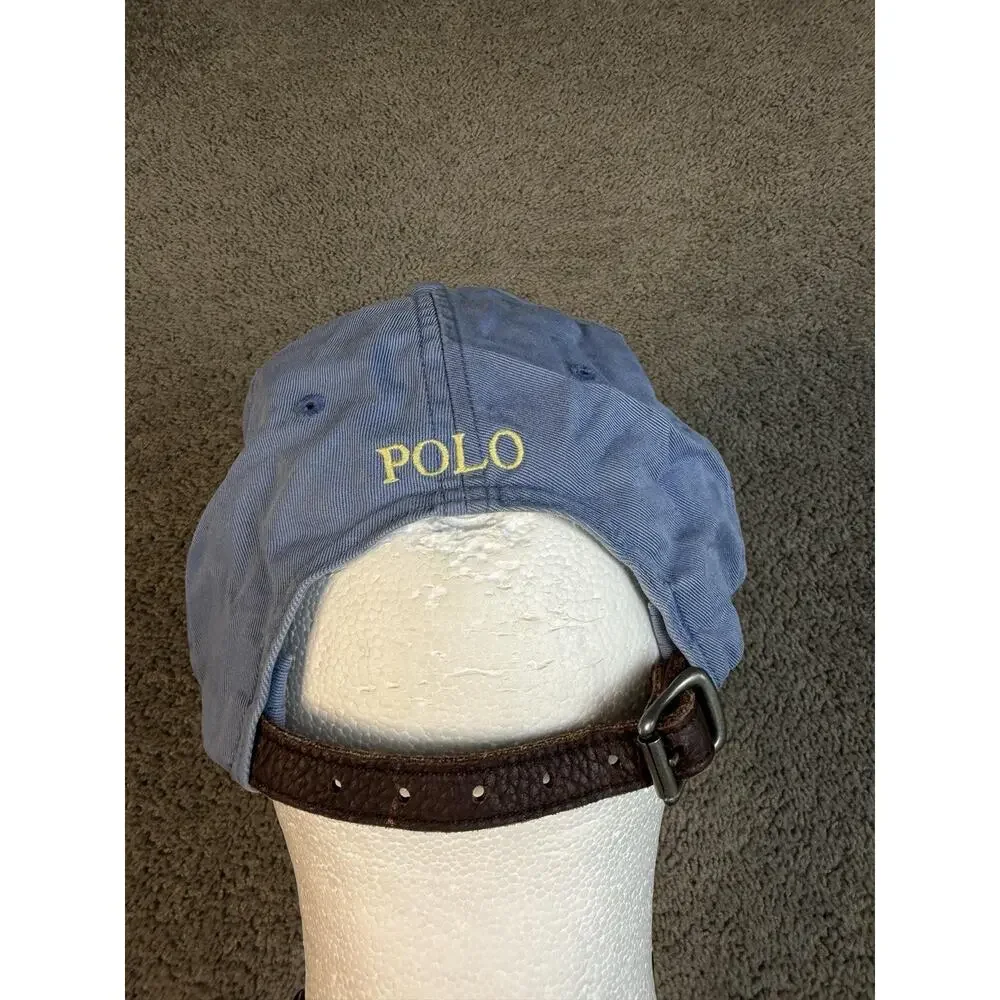 Vintage Polo Ralph Lauren Hat Mens One Size Blue Yellow Pony Leather Strap Faded